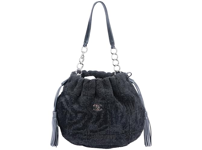 Chanel Lambskin Teddy Hobo Bag Black Cloth  ref.1176419