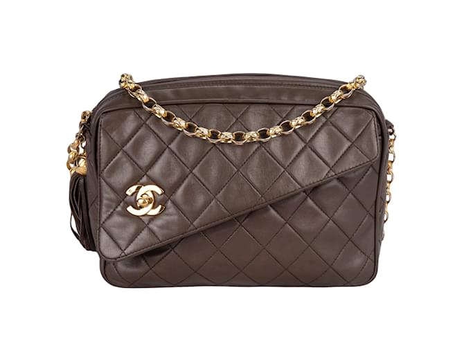 Chanel Quilted Lambskin 24K Gold Camera Crossbody Flap Bag Brown Cloth  ref.1176427