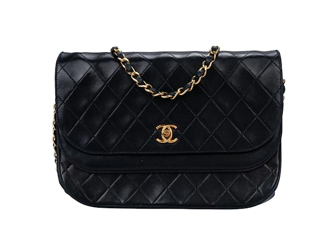Chanel Quilted Lambskin 24K Gold Halfmoon Double Flap Bag Black Cloth  ref.1176432