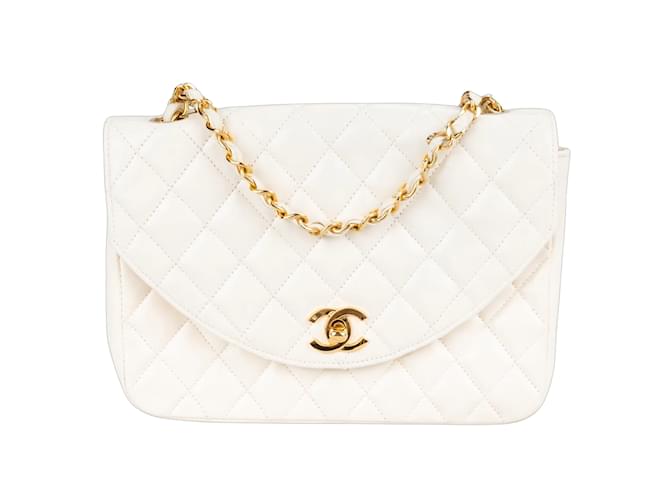 Chanel gestepptes Lammleder 24K Gold Single Crossboy Flap Bag Weiß Leinwand  ref.1176438