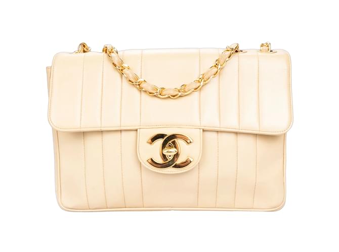 Chanel Quilted Lambskin 24K Gold Single Flap Jumbo Crossbody Bag Beige Cloth  ref.1176446