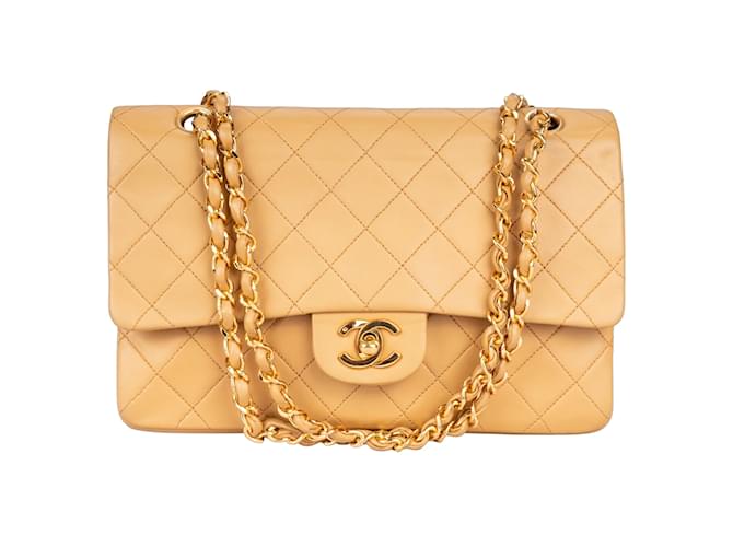 Chanel Quilted Lambskin Double Flap Bag Medium Beige Cloth  ref.1176450