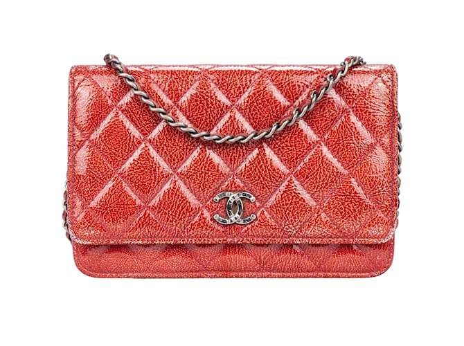 Wallet On Chain Chanel-Umhängetasche aus weichem Leder mit Geldbörse und Kette Rot Leinwand  ref.1176459