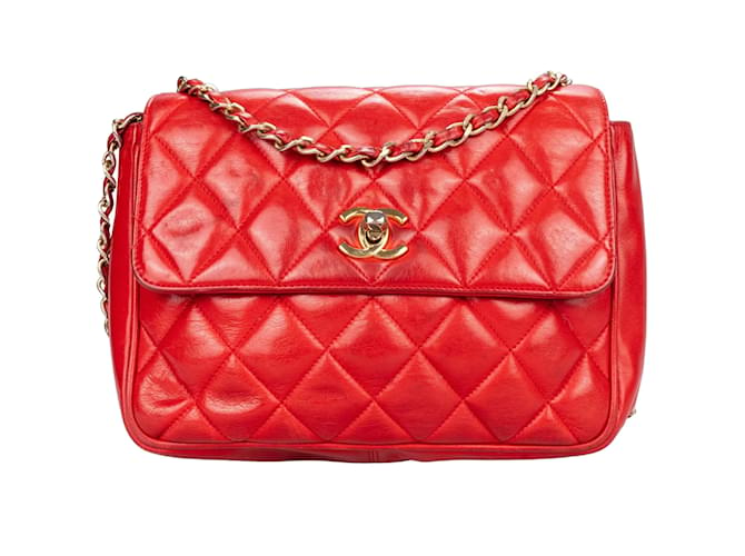 Chanel Quilted Lambskin Single Flap Crossbody Bag Red Cloth  ref.1176529