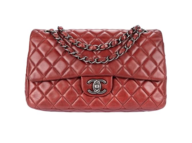 Chanel Quilted Lambskin Silver Hardware Medium Crossbody Double Flap Bag Dark red Leather  ref.1176541