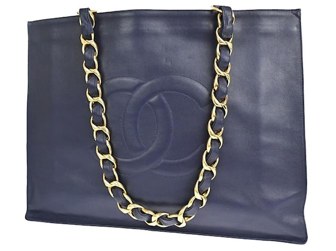 Classique Chanel shopping Cuir Bleu Marine  ref.1176639