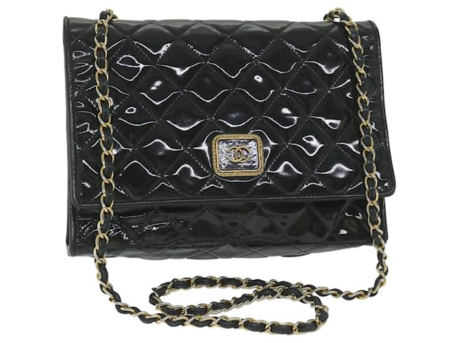 CHANEL Matelasse Chain Sac à bandoulière Cuir verni Noir CC Auth bs10520 Cuir vernis  ref.1176875