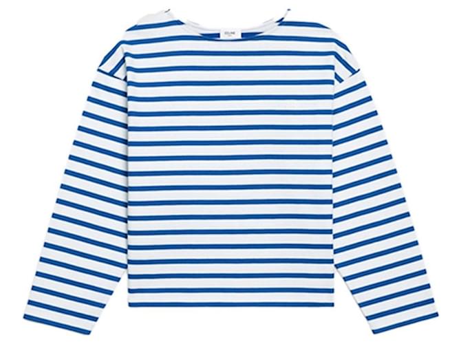 Céline CELINE Top marinero de punto de rayas de manga larga Blanco/TXS azul Multicolor Algodón  ref.1177205