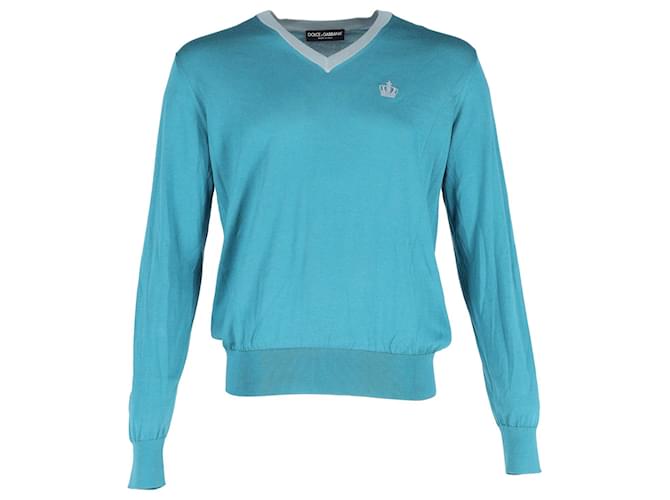 Dolce & Gabbana V-Neck Sweater in Blue Cotton  ref.1177717