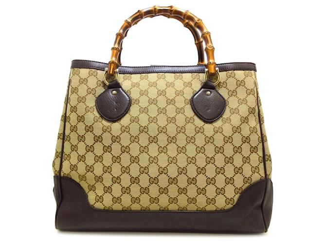 Sac cabas Diana en bambou en toile GG marron moyen Gucci Cuir Veau façon poulain Tissu Beige  ref.1177896