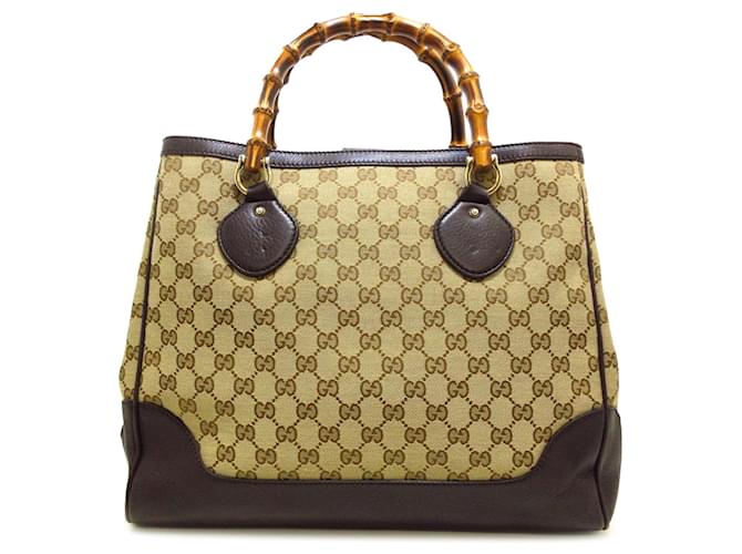 Gucci Brown Medium GG Canvas Bamboo Diana Tote Beige Leather Cloth Pony-style calfskin Cloth  ref.1177896