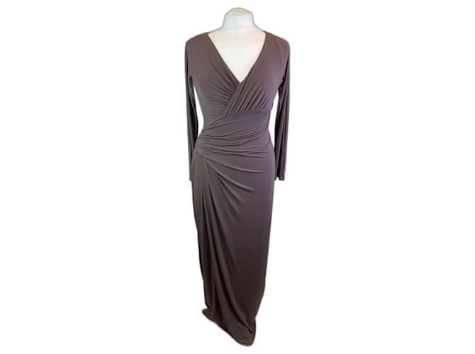 Vera Wang Draped long evening gown in a dark taupe Brown Polyester Elastane  ref.1178255