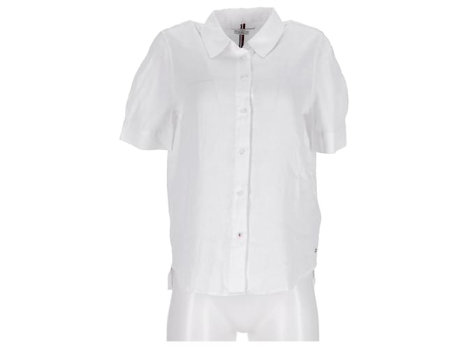 Tommy Hilfiger Camicia essenziale in lino a mezza manica da donna Bianco Biancheria  ref.1178849