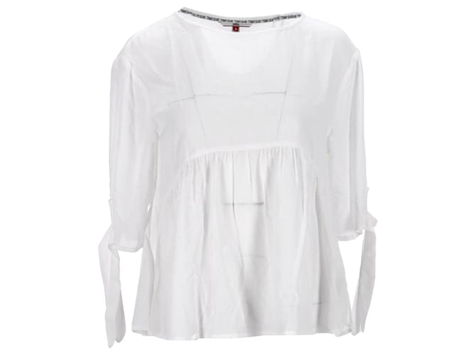 Tommy Hilfiger Womens Ribbon Cuff Gathered Blouse White Modal Cellulose fibre  ref.1178892