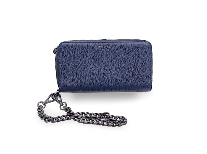 Prada Blue Leather Wallet On Chain WOC Wristlet Zippy Wallet Cloth  ref.1178899