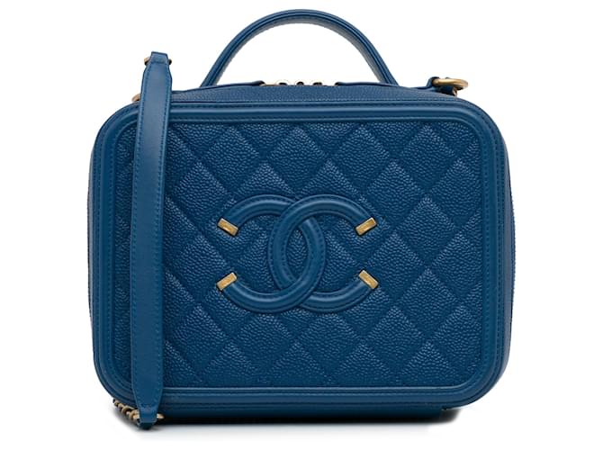 Vanity Neceser Chanel azul mediano CC Filigree Caviar Cuero  ref.1179015
