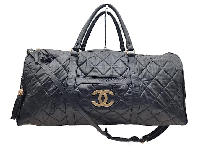 Chanel Diamond Quilted Boston Duffle Travel Weekend Bag Black Leather  ref.1179061