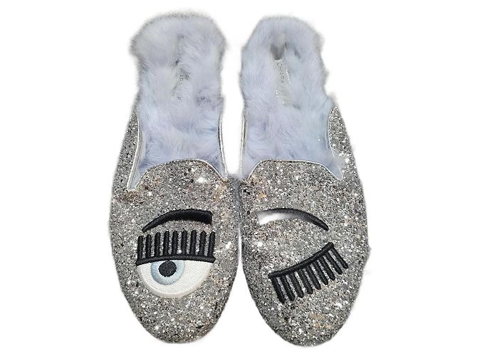 Chiara Ferragni Pantoletten Angora Silber Grösse 39