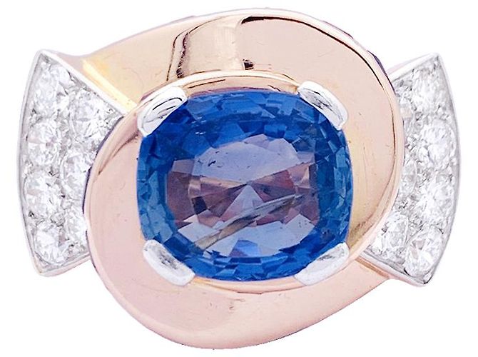 inconnue Bague Tank or rose, diamants, saphirs.