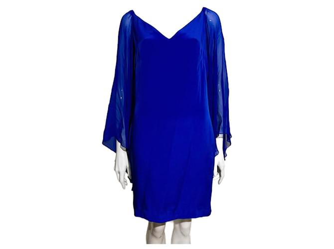 Marchesa Vestido de seda azul royal Machesa Notte com mangas mágicas  ref.1179346