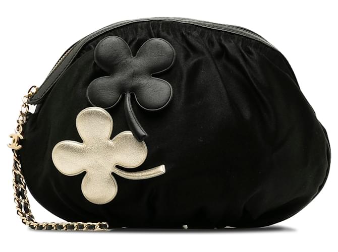Chanel Black Four Leaf Clover Satin Clutch Cloth  ref.1179504