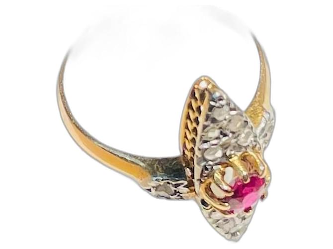 Autre Marque antigo 18 anel de ouro rosa de quilates cravejado de diamantes e vidro vermelho. Prata Dourado Ouro branco  ref.1179741