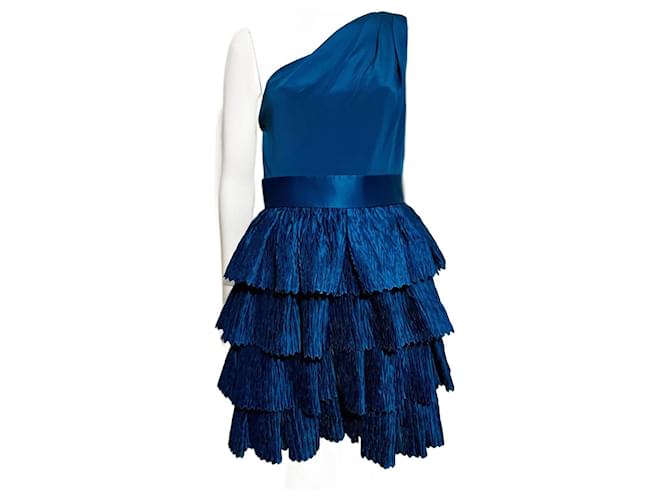 Marchesa Vestido de seda azul-petróleo com saia tipo origami Verde  ref.1179747