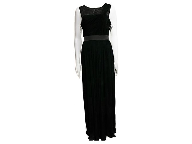 Vera Wang Draped black evening gown with lace inserts