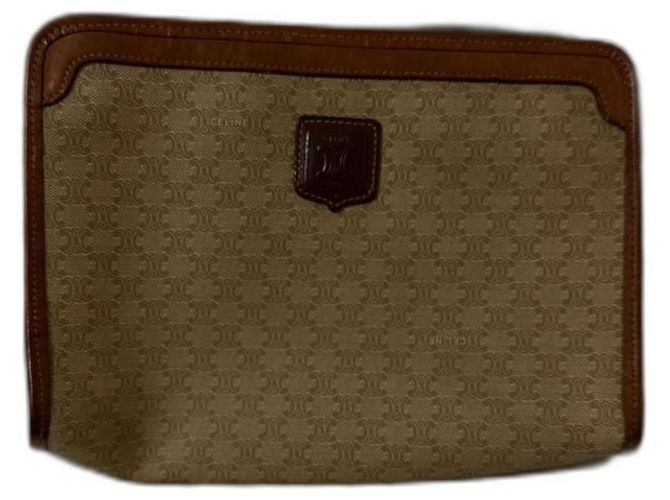 Clutch Céline Triomphe Marrom Couro e Tecido Bege Castanho claro Castanho escuro