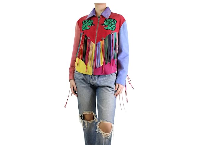 Gucci Multicoloured tiger fringed suede jacket - size UK 14 Multiple colors Leather  ref.1180015