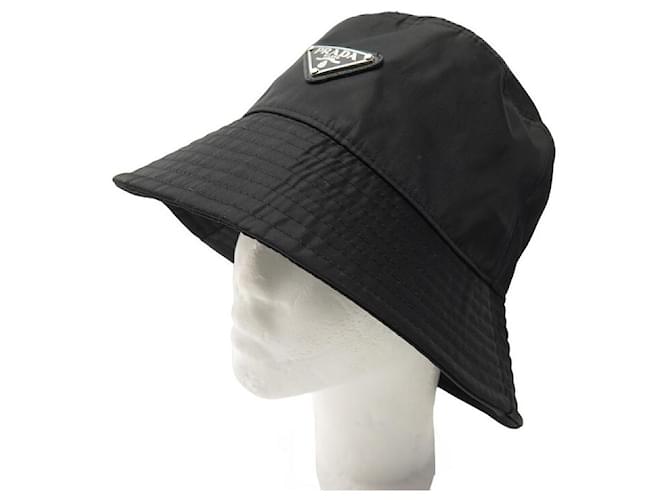NEUF CHAPEAU BOB PRADA NYLON XL T60 LOGO METALLIQUE BLACK BUCKET HAT Noir  ref.1180187