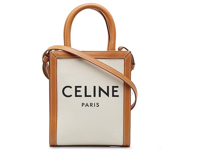 Céline Celine White Mini Vertical Cabas Weiß Leder Leinwand Kalbähnliches Kalb Tuch  ref.1181285