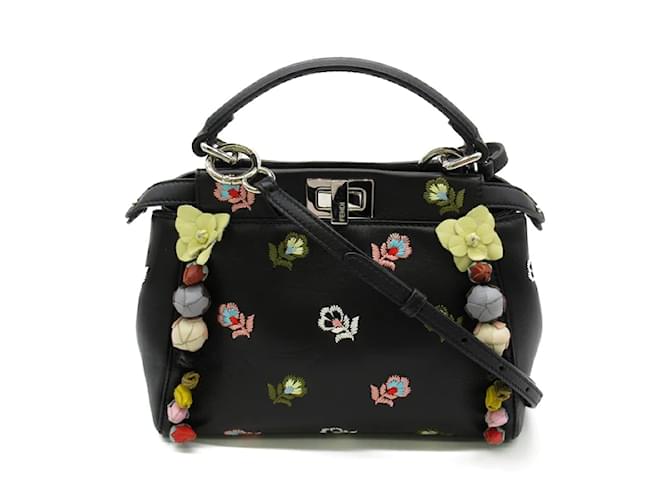 Fendi Mini-Peekaboo-Handtasche aus Leder mit bestickten Blumen 8BN244 Schwarz  ref.1181419
