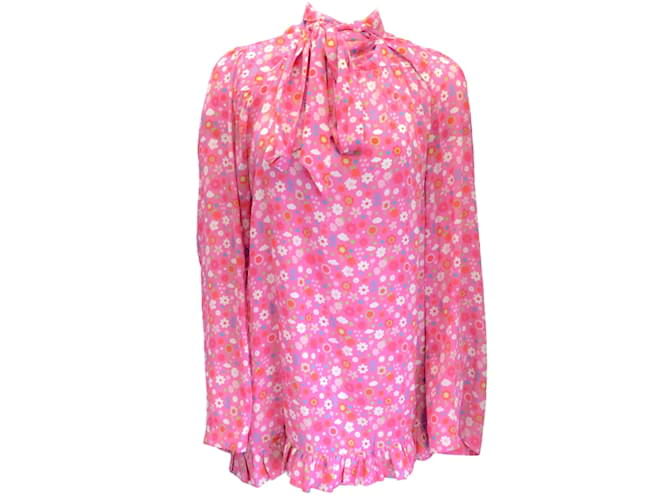 Autre Marque Balenciaga Pink Multi 2021 Tie-Neck Floral Printed Top Polyester  ref.1181882