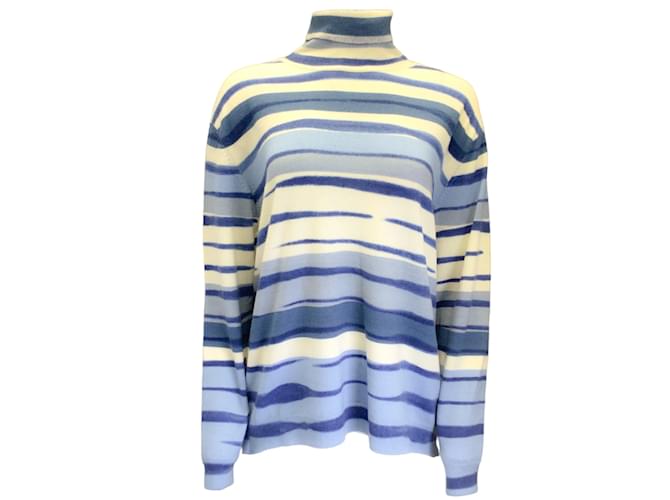 Prabal Gurung Blue / Ivory Striped Long Sleeved Wool and Cashmere Knit Turtleneck Sweater  ref.1181887