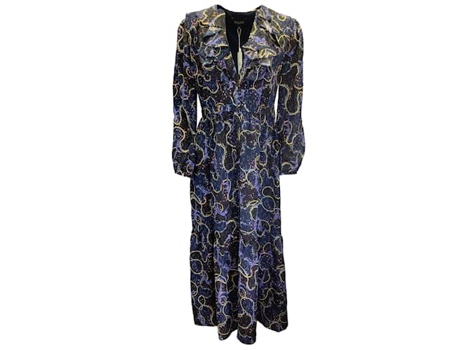 Autre Marque Saloni Navy Blue Multi Cosmo Dancers Print Silk Crepe de Chine Ginny Midi Dress  ref.1181892