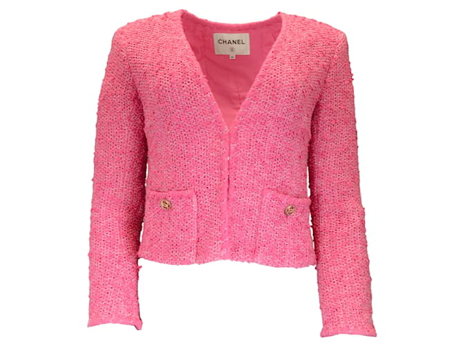 Autre Marque Chanel Pink CC Logo geknöpfte gewebte Bouclé-Strickjacke Baumwolle  ref.1181894