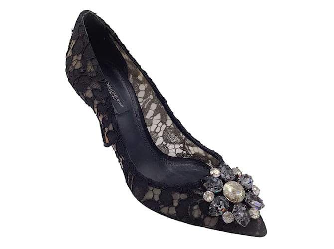 Autre Marque Dolce & Gabbana Black Crystal Embellished Lace Pumps Cloth  ref.1181897