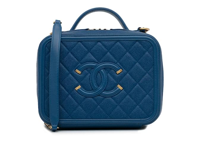 Bolsa Chanel Média CC Filigrana Caviar Vanity Azul Couro  ref.1181910