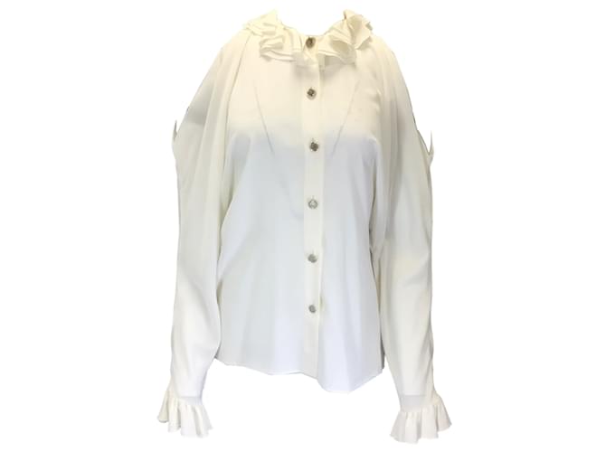 Autre Marque Chanel Ivory CC Logo Buttoned Cold Shoulder Silk Blouse Cream  ref.1181923