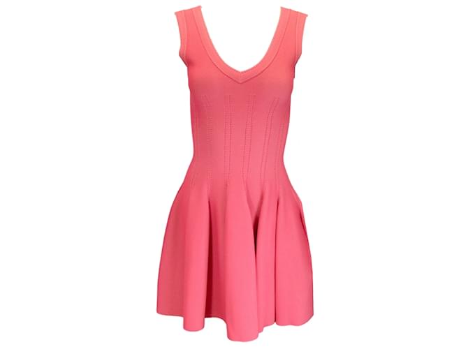 Autre Marque Alaia Pink / Coral Sleeveless V-Neck Flared Knit Dress Viscose  ref.1181925
