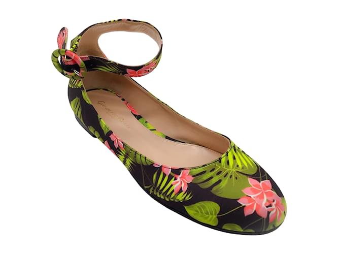 Autre Marque Gianvito Rossi Black / Green Multi Floral Printed Ankle Strap Ballet Flats Multiple colors Cloth  ref.1181932