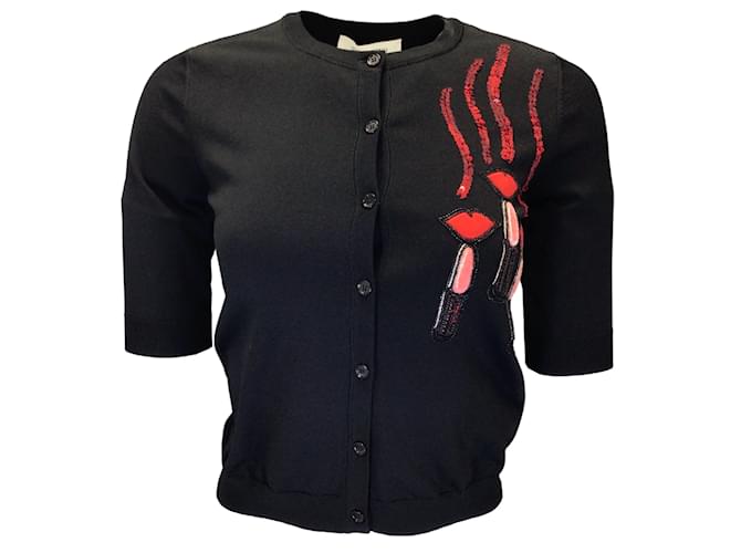 Autre Marque Valentino black / Suéter cardigã de malha de manga curta com aplique de batom vermelho e lábios Preto Viscose  ref.1181933
