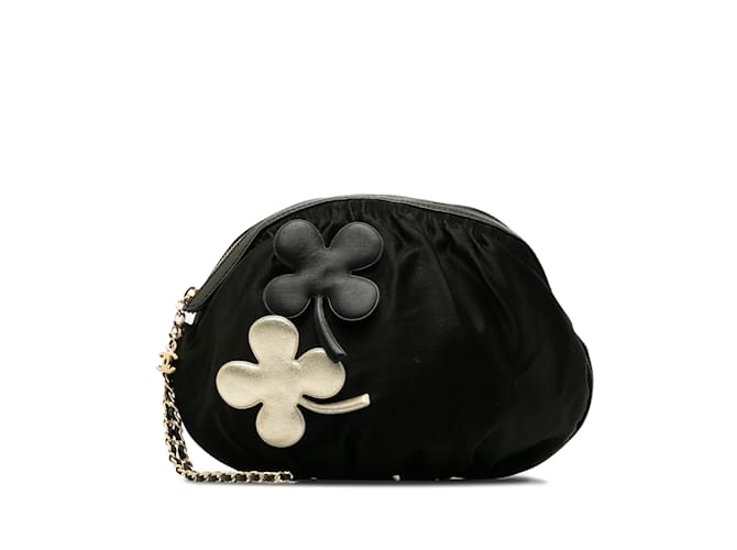 Black Chanel Four Leaf Clover Satin Clutch Leather  ref.1181964