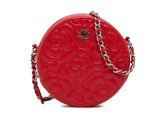 Rote Chanel-Ziegenleder-Kamelien-runde Umhängetasche  ref.1182153