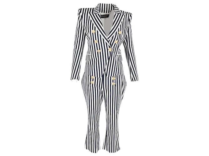 Balmain Striped Double-Breasted Blazer and Trousers in White and Navy Cotton  ref.1182752