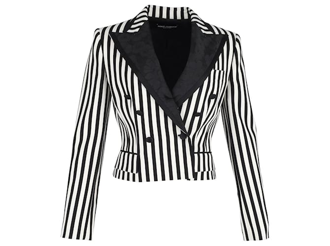 Dolce & Gabbana Striped Double-Breasted Blazer in Black and White Cotton  ref.1182757