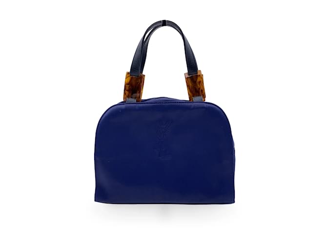 Yves Saint Laurent Vintage Blue Satin YSL Logo Satchel Handbag Cloth  ref.1182761