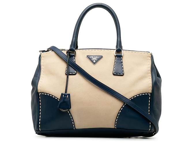 Prada Brown Small City Calf Hand Stitched Galleria Double Zip Blue Beige Leather Cloth Pony-style calfskin Cloth  ref.1182833