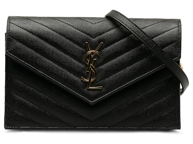 Saint Laurent Black Grain De Poudre Cassandre Envelope Wallet on Chain Leather Pony-style calfskin  ref.1182836